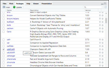 R studio packages tab
